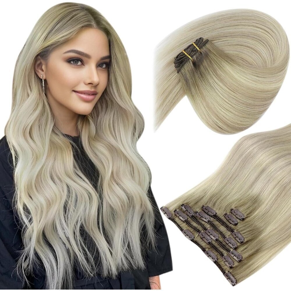 Human Hair Extensions Clip in Straight 16 Inch Ash Blonde Sunkissed Blonde